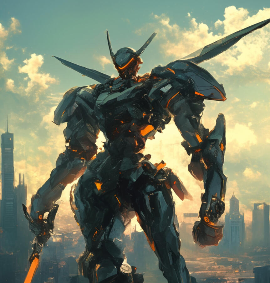 the Phentom Fox Jaeger; it is a tall, lean shaped mecha with white/silver main body and golden, orange accents. it has two "rabbit" like "ears" coming out of it's head and a single visor like "eye" in the shape of a V on its head.